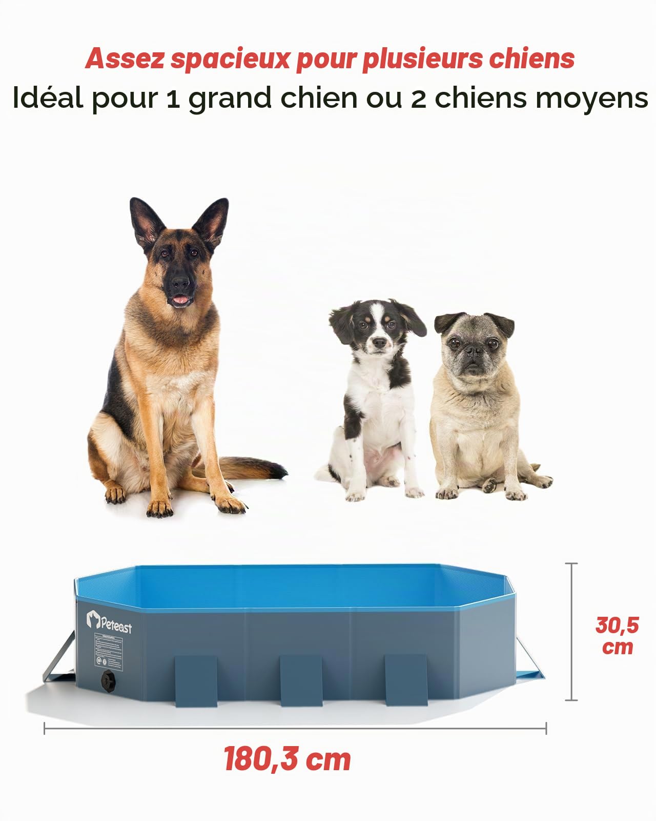 Peteast Piscine pliable pour chien avec design rond robuste, durable, 180,3 x 99,1 x 30,5 cm (L x l x P) – Baignoire portable extra large avec parois latérales renforcées pour plus de stabilité,