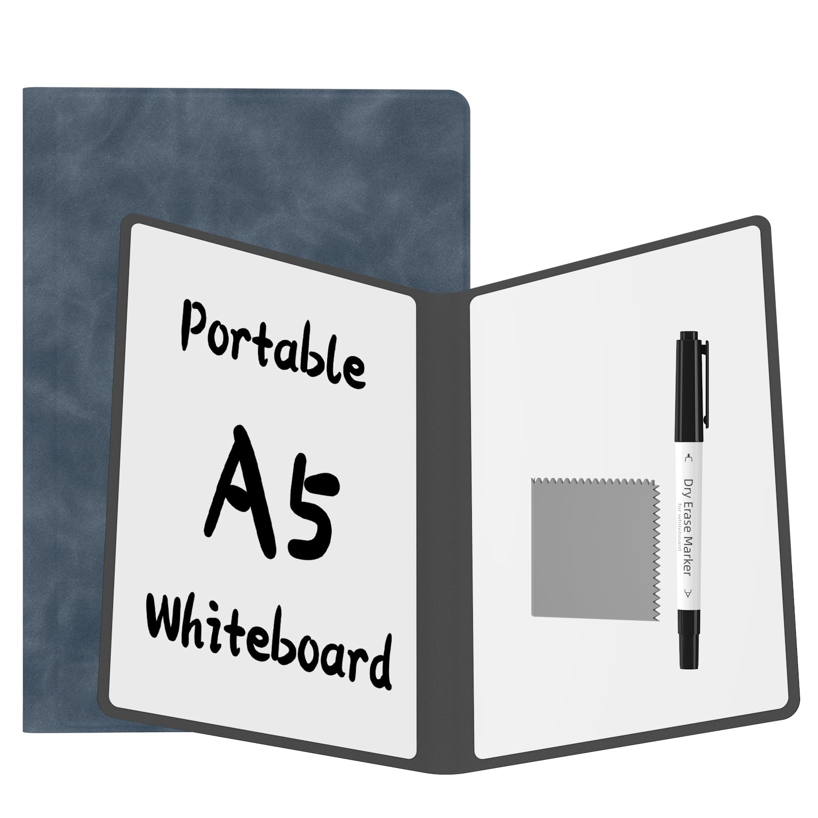 Portable Dry Erase Board,Reusable Whiteboard Notebook, Double-Sided White Board PU Cover 9.5"x6.6" with Marker,Wipe Cloth (Grey)