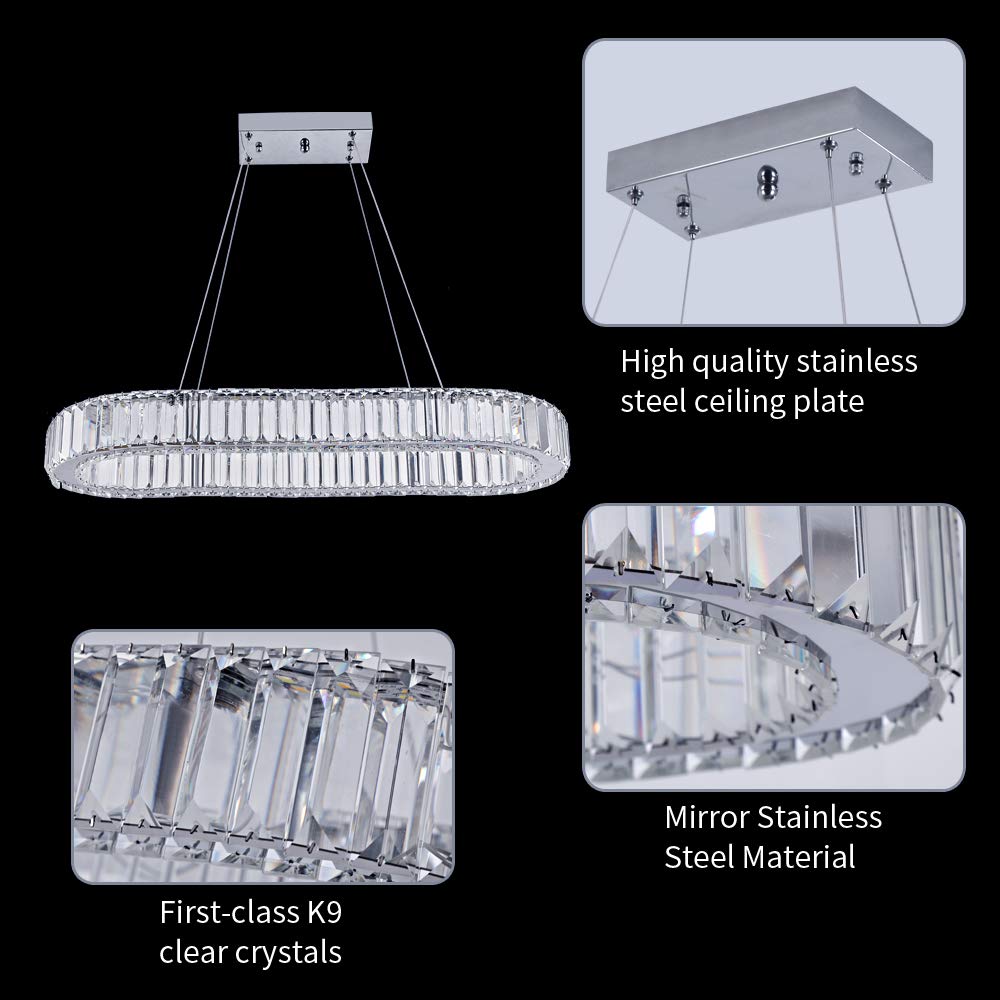 Modern Crystal Chandeliers Light Living Room, Oval Led Crystal Pendant Light Fixture 3 Color Changeable Stainless Steel Led Ring Crystal Flush Mount Ceiling Chandelier Lamp Fixture(L 22.4" -Oval)