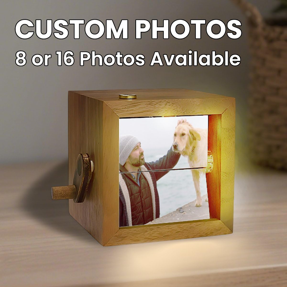 Personalisierte Holz-Fotobox – benutzerdefiniertes Flip-Buch mit Handkurbel, mit Licht, drehbarem Memory-Rahmen, ideales Geschenk für Männer, Frauen, Geburtstag, Hochzeit, Weihnachten