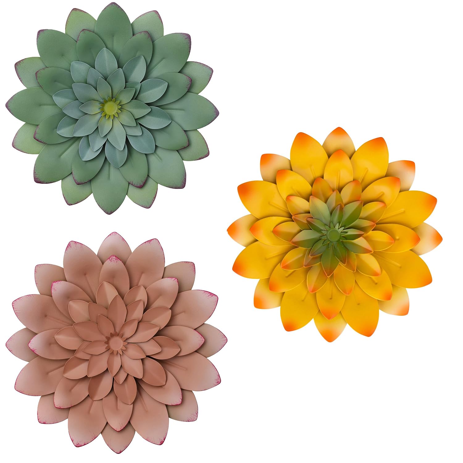 Everydecor3D Metal Succulent Wall Decor Set of 3 - Green, Pink, Yellow, Bundle