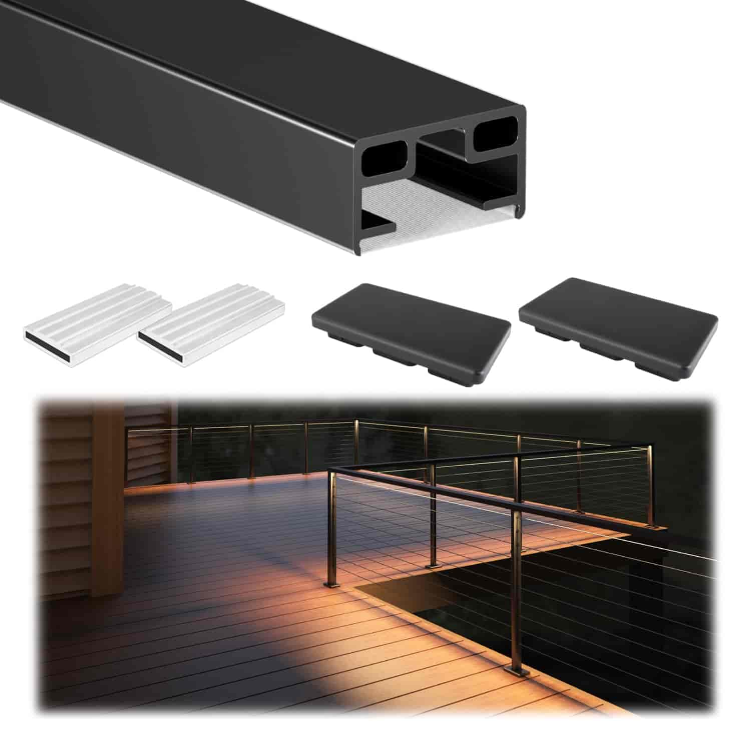 Muzata  6'6" Aluminum Black LED Handrail Rectangular Cable Railing Handrail for Cable Railing System Top Rail Deck Stair Indoor Outdoor Length Adjustable with User Guide HL12 BPA