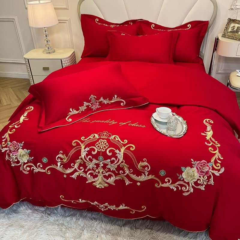 Image of JJ's Imported Skin Friendly Pure Washed Cotton Heavy & Beautifully Embroidered Wedding Style 5 Pcs King Size Double Bed Luxury Bridal Bedding Set with Heavy Comforter /Quilt (RED 2)