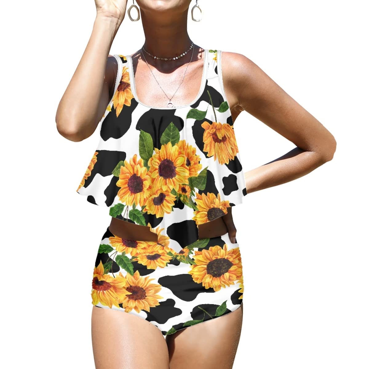 ENLACHIC Women Tankini Swimsuits Floral Ruffle Flounce Top Tummy Control Swimsuits Two Piece Bathing Suit Swimwear,Sunflower Cow Print,L