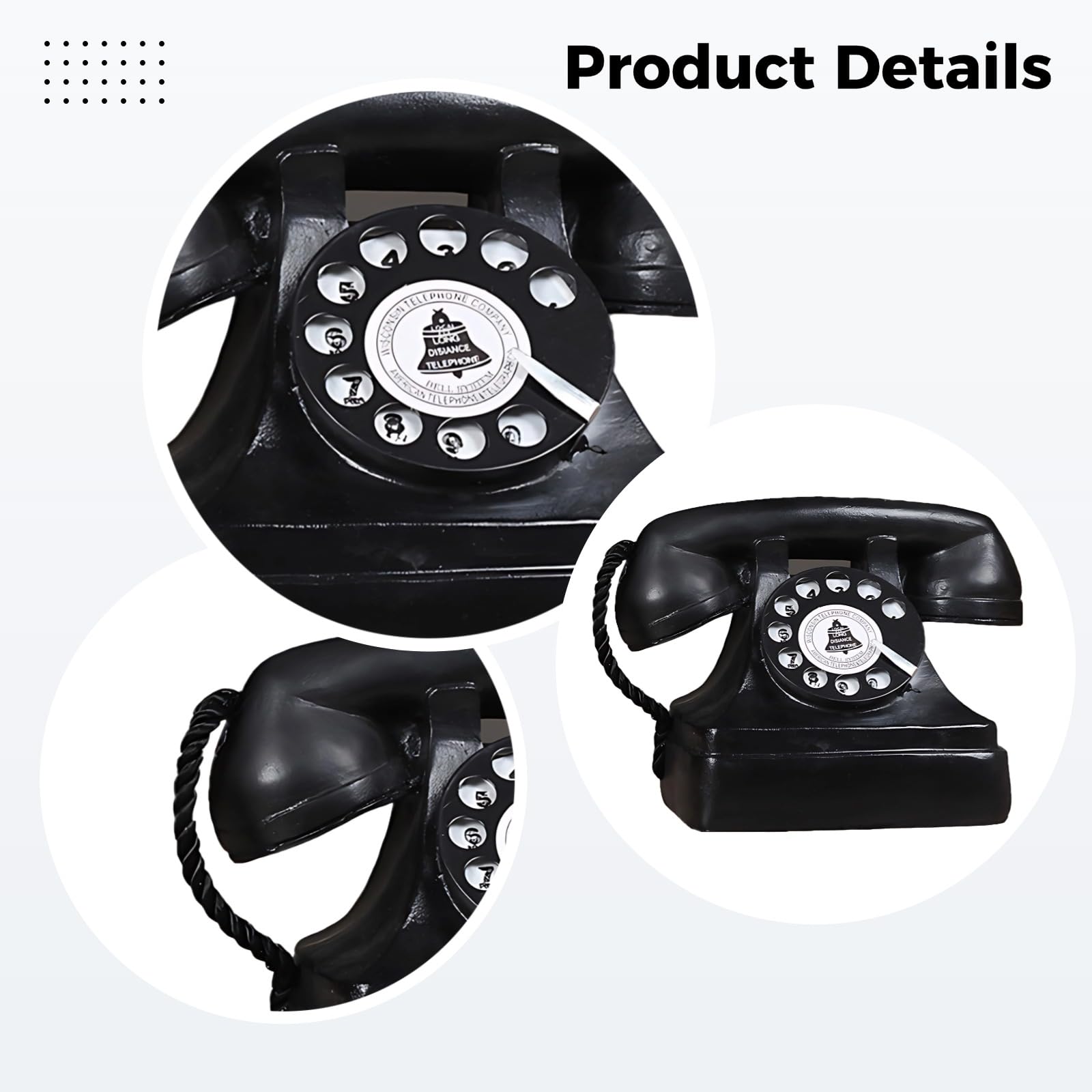 Retro telefon stacjonarny model blaszany, antyczne telefony vintage wystrój, czarny klasyczny design z obrotową tarczą i słuchawką, idealny do ekspozycji domu lub kawiarni