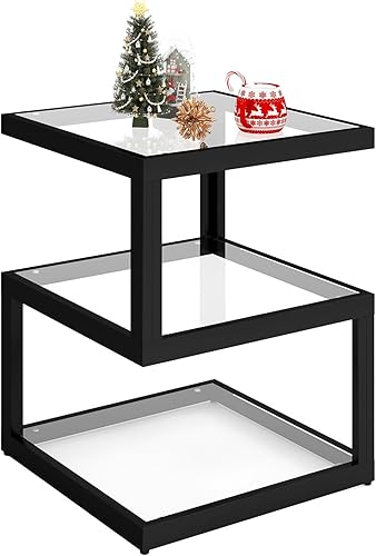 Mesa auxiliar de cristal, mesa auxiliar de 3 niveles con tira LED, mesa de diseño único en forma de S para sala de estar y mesita de noche,