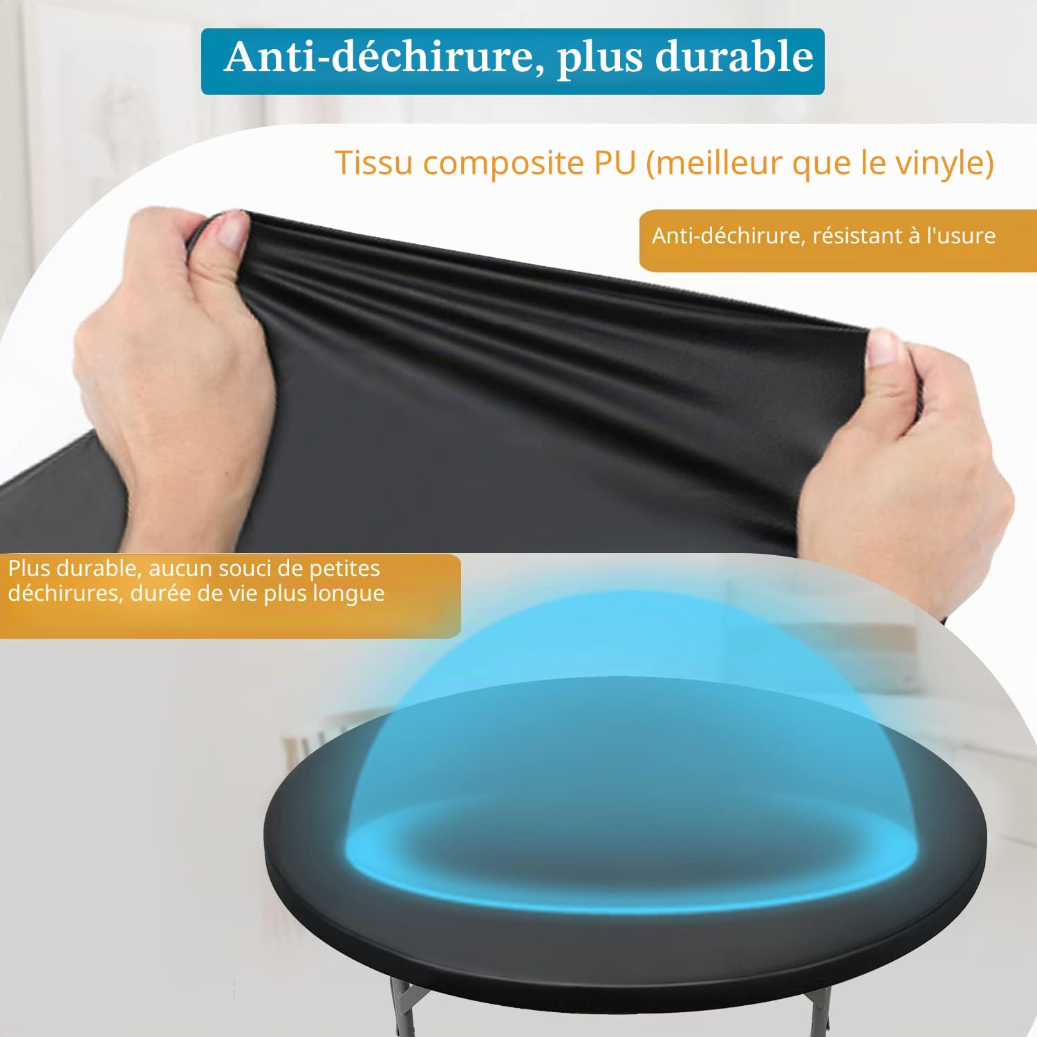 Double Face fit Design PU Round fit Nappe, Ripstop lingette de Table Ronde élastique, Soft Touch, Nappe imperméable à l'eau et à l'huile (Noir, Ronde 135-142cm)