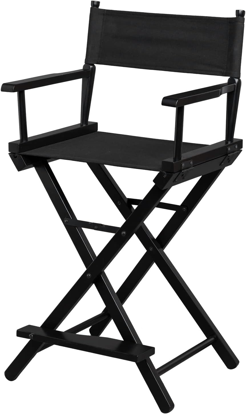 OmySalon 26" H Tall Directors Chair, Wooden Portable Folding Makeup Chair w/Storage Pouch & Footrest, Professional for Salon/Events/Mobile Services, 250lb Capacity, Black Canvas