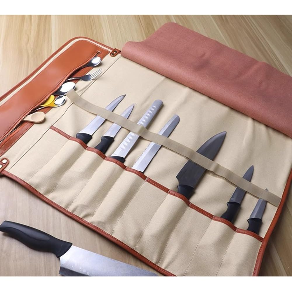 Bolsa Enrollable for Cuchillos, 10 Ranuras for Cuchillos, Funda Protectora, Bolsa Enrollable de Cuero portátil, Estuche de Chef for Acampar o Trabajar.(Brown)