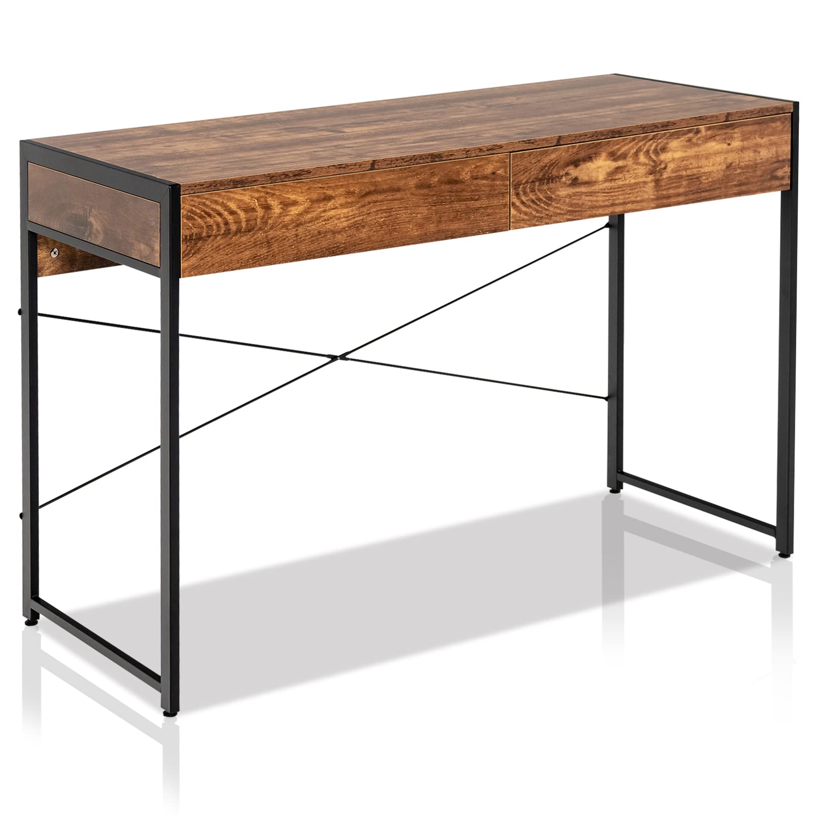 COSTWAY Computer Desk with 2 Drawers, Compact Wooden PC Laptop Table Writing Workstation, Simple Home Office Working Gaming Study Desk (112 x 48 x 76cm, Rustic Brown) — image 1