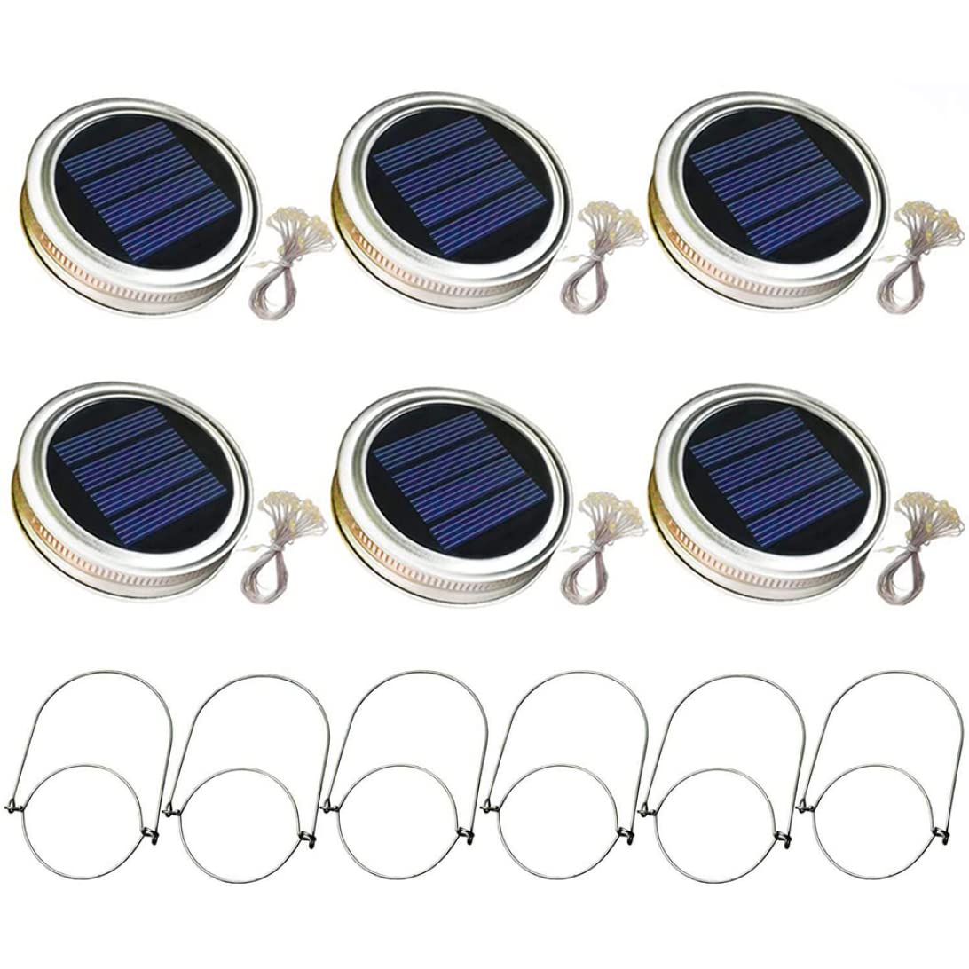 Naisicatar 6PCS Solar Mason Jar Lid Light 20 LEDs Hanging Lantern Lamp 2m String Lights Handle Firefly Jar Lids Lights for Patio Garden Decor(Warm Light)