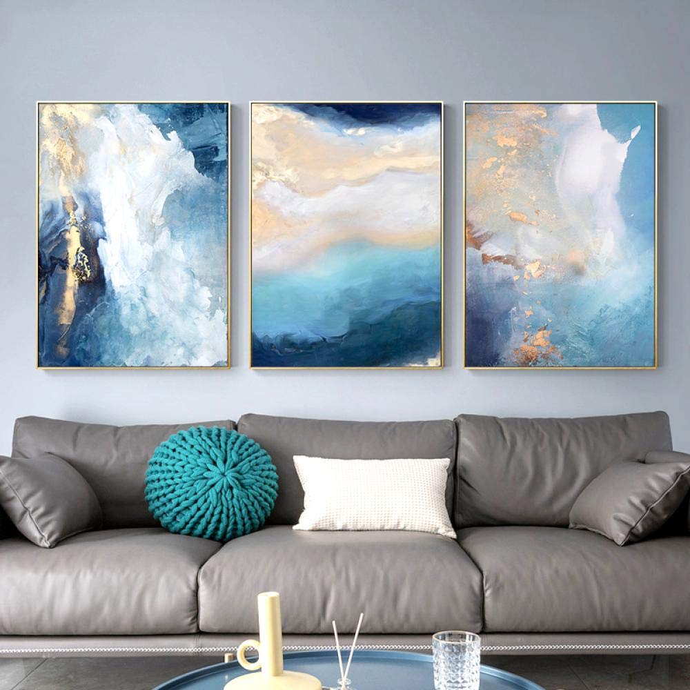 Quadro Su Tela Astratto Moderno – Blu E Oro – Trittico 60x80 Cm (3 Pezzi) – Poster Minimalista Per Soggiorno E Cucina – Senza Cornice - 4