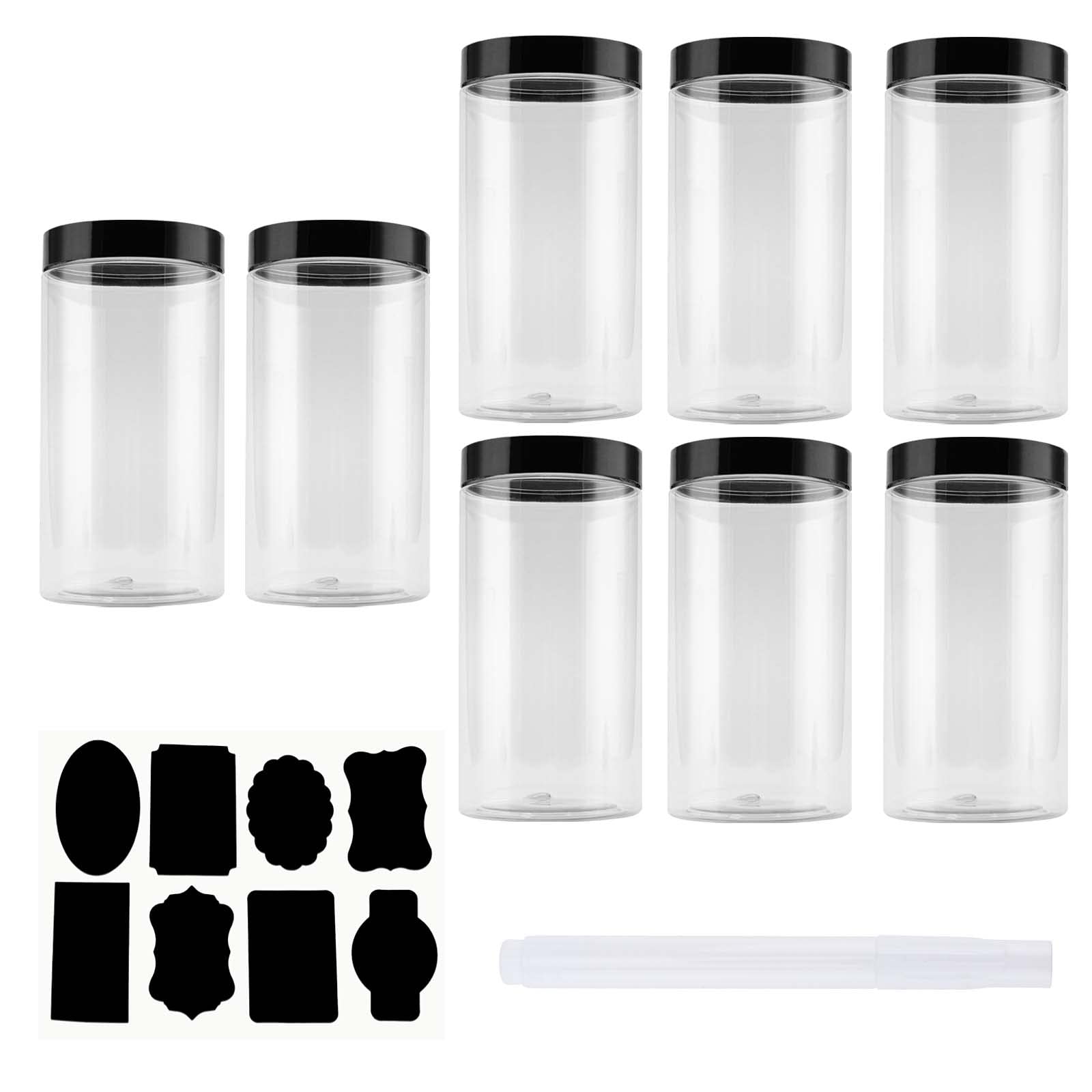 SINJEUN Lot de 8 bocaux en plastique de 1000 ml avec couvercles noirs, conteneurs de stockage transparents avec étiquettes, bocaux de stockage ronds hermétiques pour macaronis, pâtes, céréales,