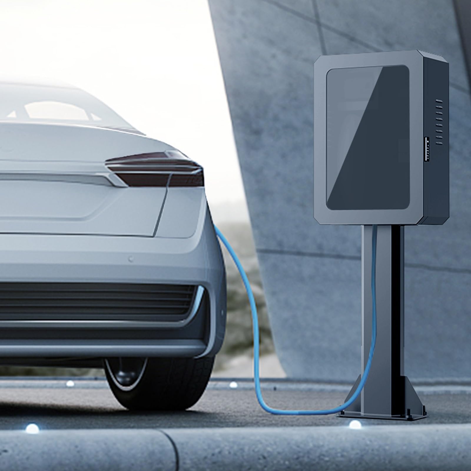 Ładowarka EV – blokada stacji ładującej, konstrukcja montażu słupkowego, organizer na kable do uniwersalnego ładowania pojazdów elektrycznych