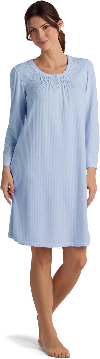 Miss Elaine Women's Nightgown, Honeycomb Knit Gown with Long Sleeves and Round Neckline, Women's Sleepwear and Loungewear
