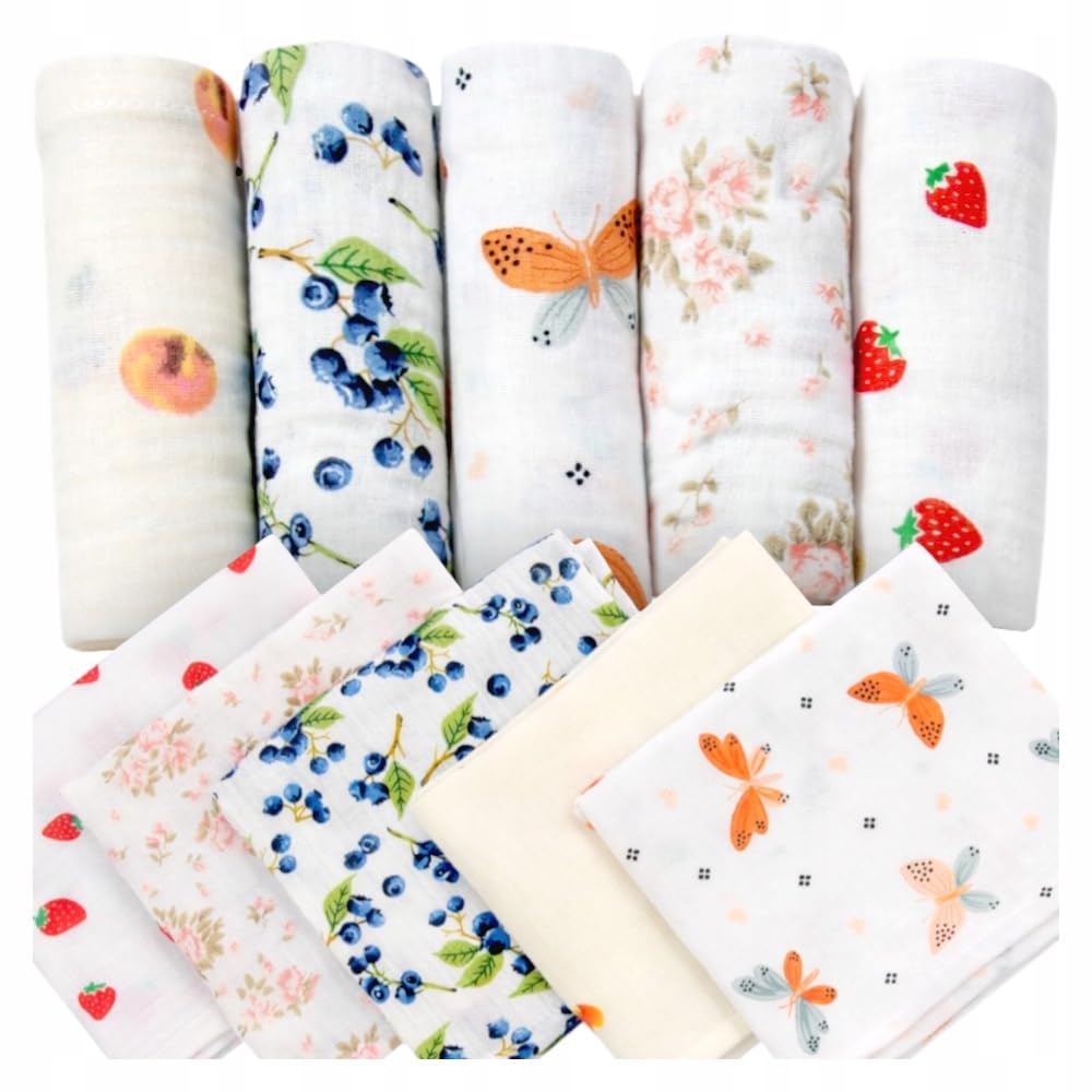 PLUMERI Musselintücher 50x30 cm Baby, 10er Set, Pfirsiche, Blaubeeren, Schmetterlinge, Blumen, Erdbeere – 100% Baumwoll-Musselin, OEKO-TEX, Spucktücher, Lätzchen & Schultertücher, Geschenk zur Geburt