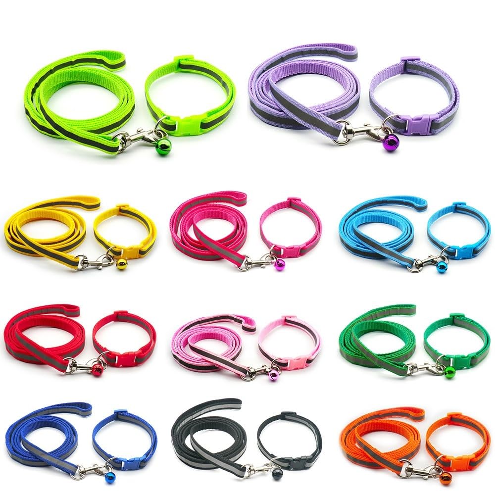 Small Dog Puppy Pet Collar and Lead Set Reflective Hi-Vis Strip Nylon Adjustable Size 19-32cm Collar with Bell and 120cm Leash Light Purple - Image 4