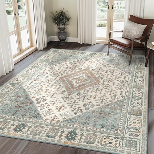 GENIMO 3x5 Area Rugs for Living Room, Machine Washable Boho Vintage Rug Non Slip, Printed Thin Low Pile Lightweight Chenille Carpet Rugs for Bedroom, Dining Room, Home Office, Green