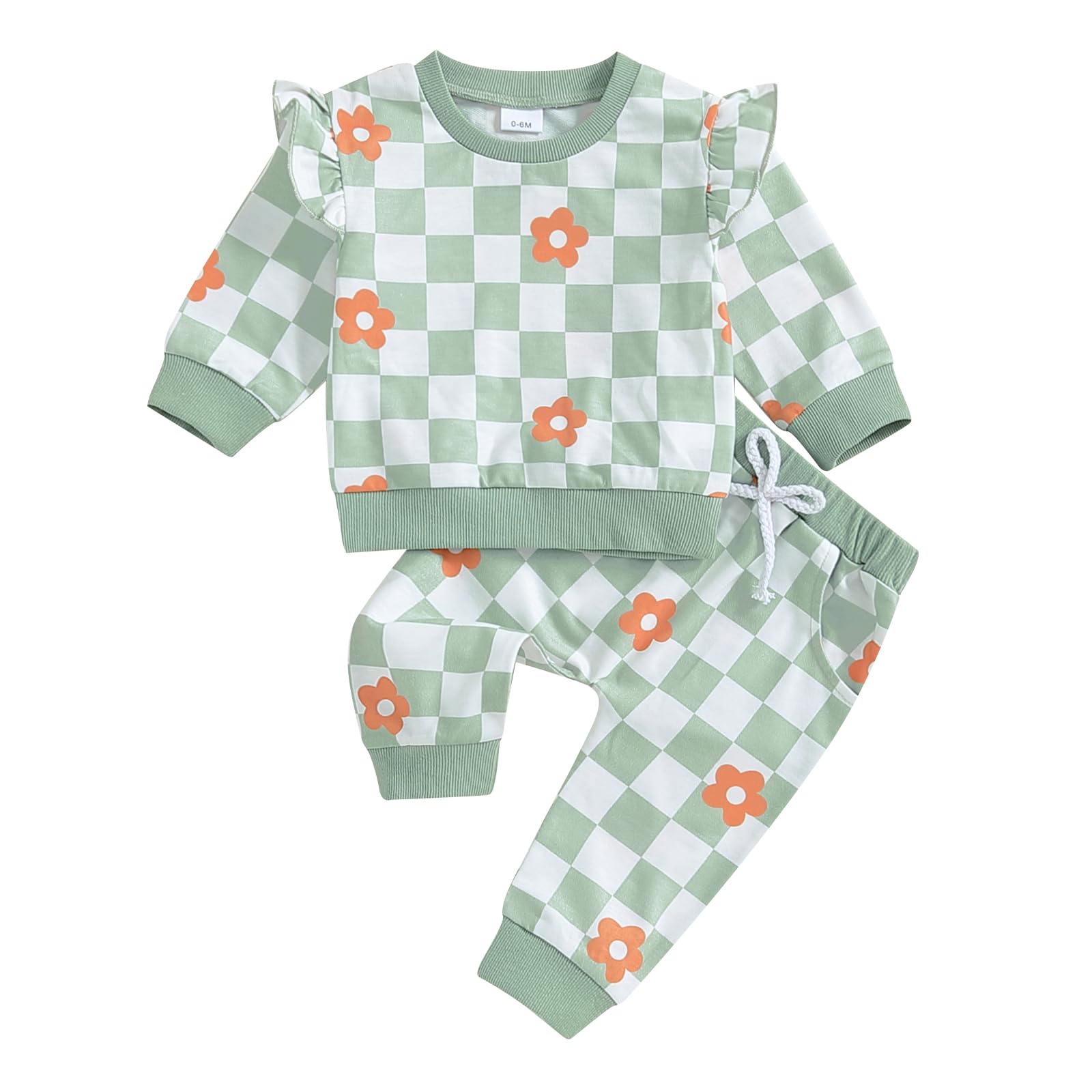 BHGHB Toddler Baby Girl Fall Outfit Daisy Print Long Sleeve Sweatshirt with Elastic Waist Pant 2 Pcs Baby Girl Winter Set (Checkerboard Green, 6-12 Months)
