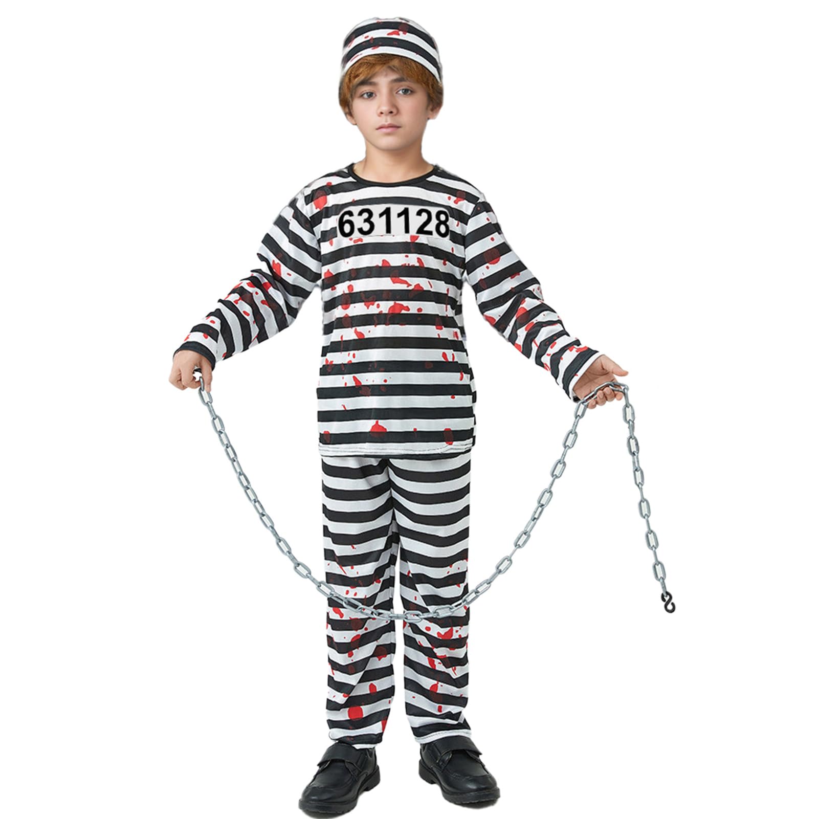 Blisscok Disfraz Zombie Niño, Disfraz Preso Zombie Niño con Número 6438900, Disfraz Zombi Niño con esposas et pegatinas, para Halloween - Carnaval - Cosplay