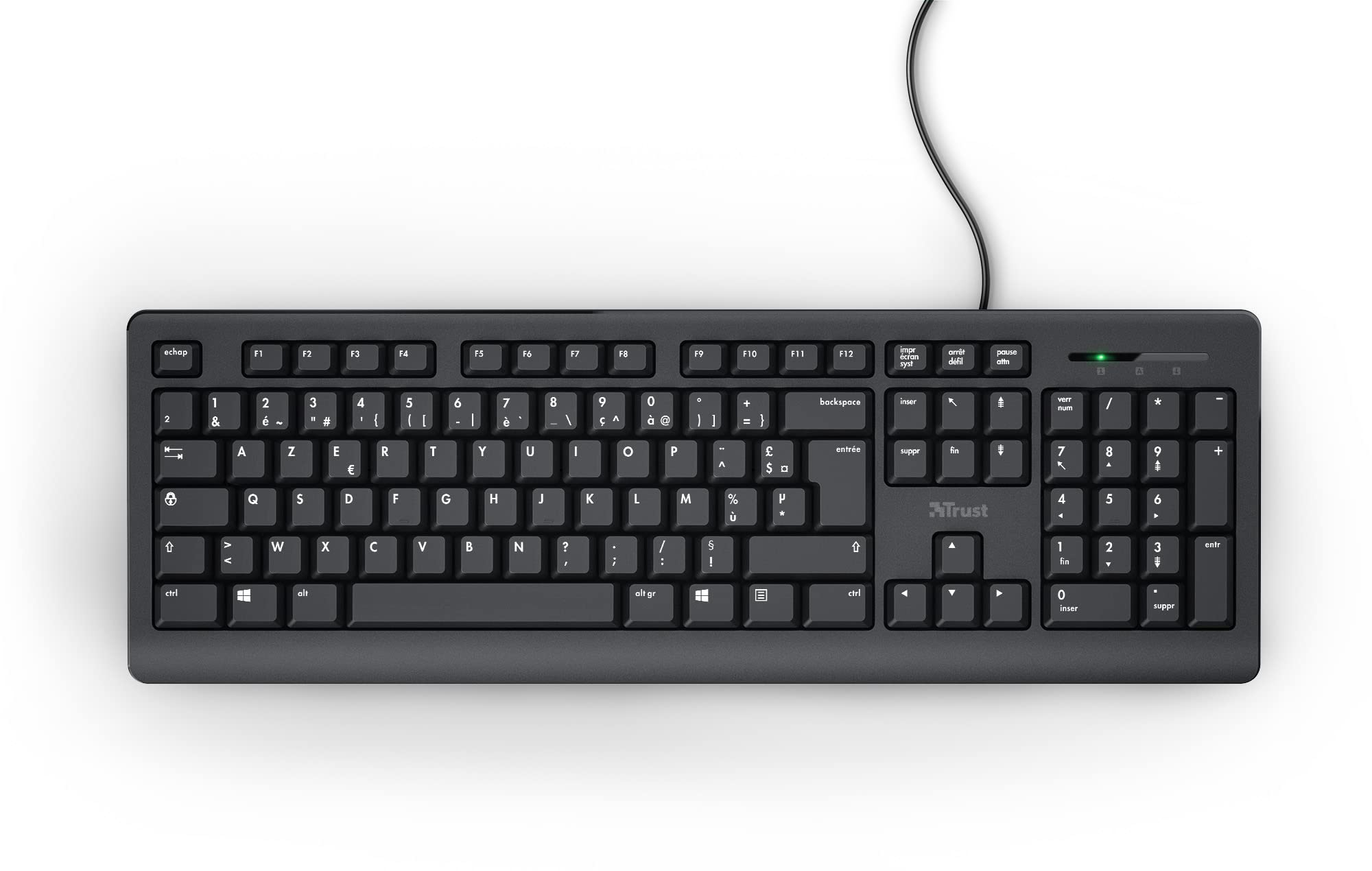 Trust Taro Clavier Filaire AZERTY Français Résistant aux Éclaboussures Silencieux USB 1.8 m Touches Plates Noir