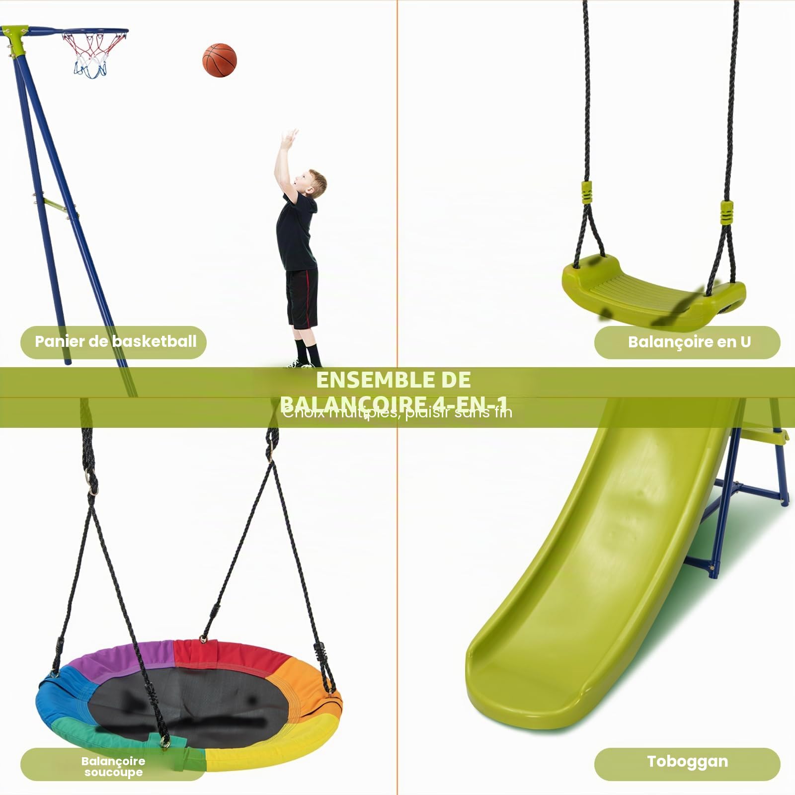 KOMFOTTEU Portique Balançoire avec Toboggan et Panier de Basket