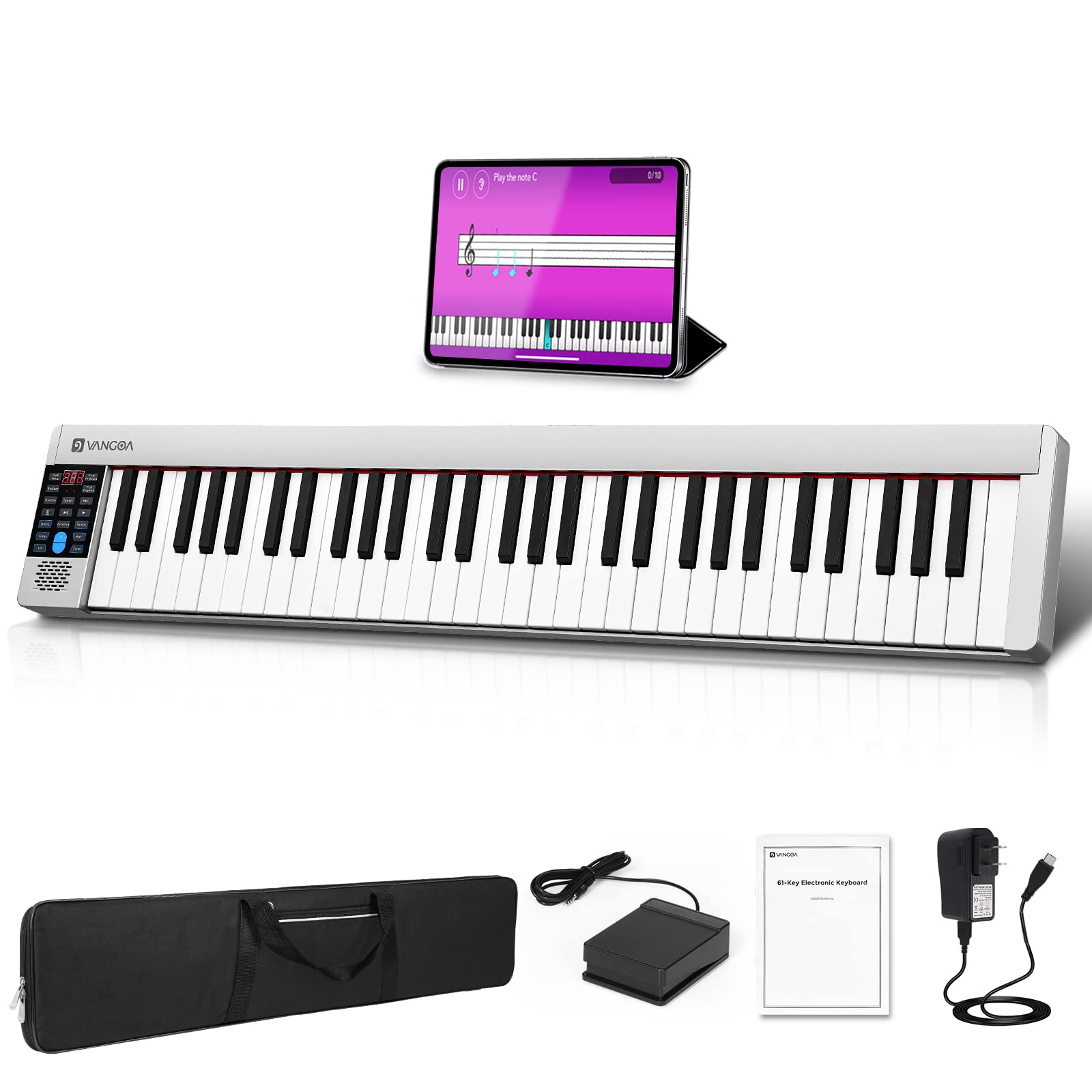 61 Key Keyboard Piano, Portable Electric Piano Keyboard 61-Key Touch Sensitive Full Size, Bluetooth Electric Piano Slim with Bag for Beginners, Silver, by Vangoa