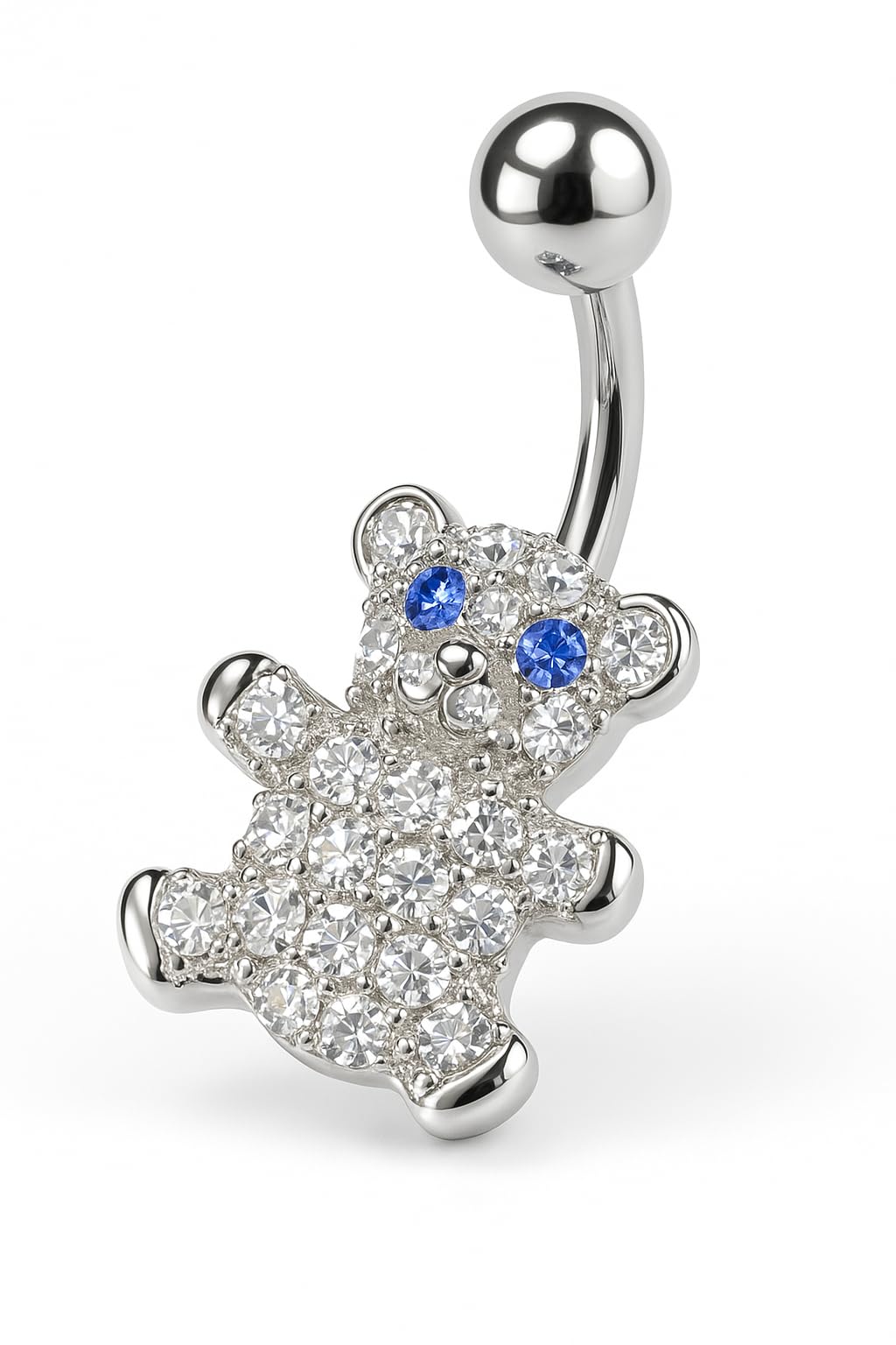Piercing para el ombligo, plata de ley 925 y circonita, cristal quirúrgico 316L, acero inoxidable tipo bananabell, piercing para el ombligo, 1,6 x 10 mm, oso de peluche azul