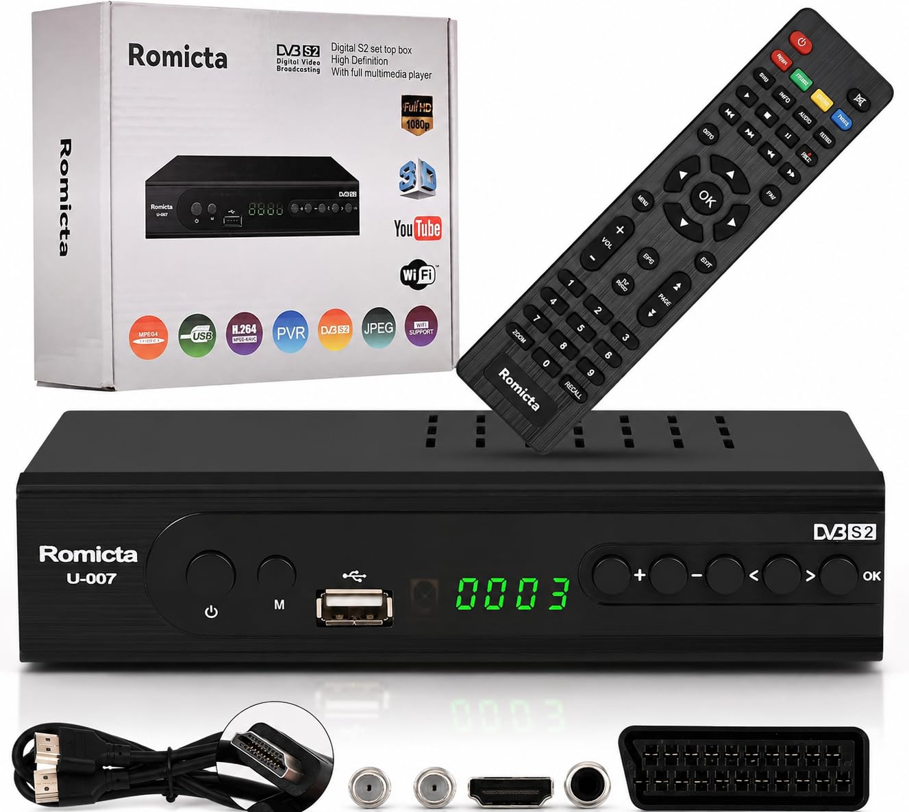 Romicta HD Receiver für Satelliten, Sat Receiver mit HDMI, DVB-S/S2, PVR, EPG, SCART, USB Mediaplayer, HDTV, YouTube, Wetter, Schwarz - HDTV Satelliten Receiver