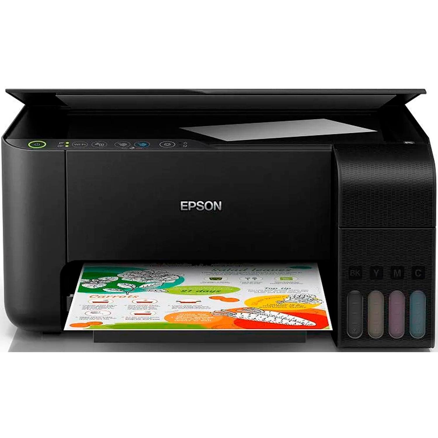 Epson EcoTank L3150 multifunction printer with paper loaded and a colorful document being printed.
