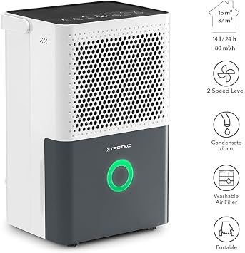 TROTEC TTK 33 E Dehumidifier, 14 liters/day, Comfort, for rooms up to 15 m²/37 m³, 1.5L tank, 240W, 80 m³/h