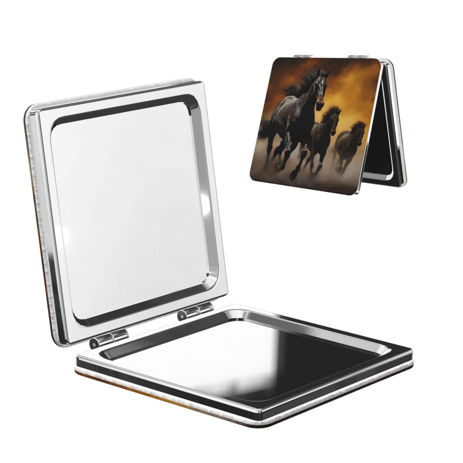 DWVTSLH Running Black Horses Compact Mirror for Purse, Double-Sided 2X/1X Magnifying Mirror for Women Men, Travel Makeup Mirror for Handbag, Handheld Vanity Mirror for Gift