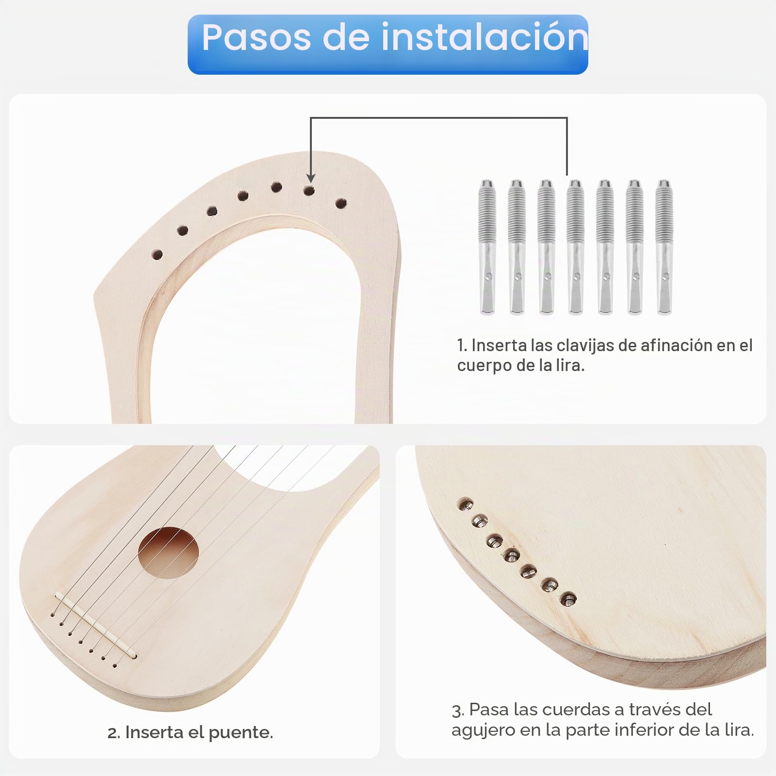 Kit de 7 cuerdas para hacer tus propias liras de madera de lubina con poste de cuerda y afinación de sillín