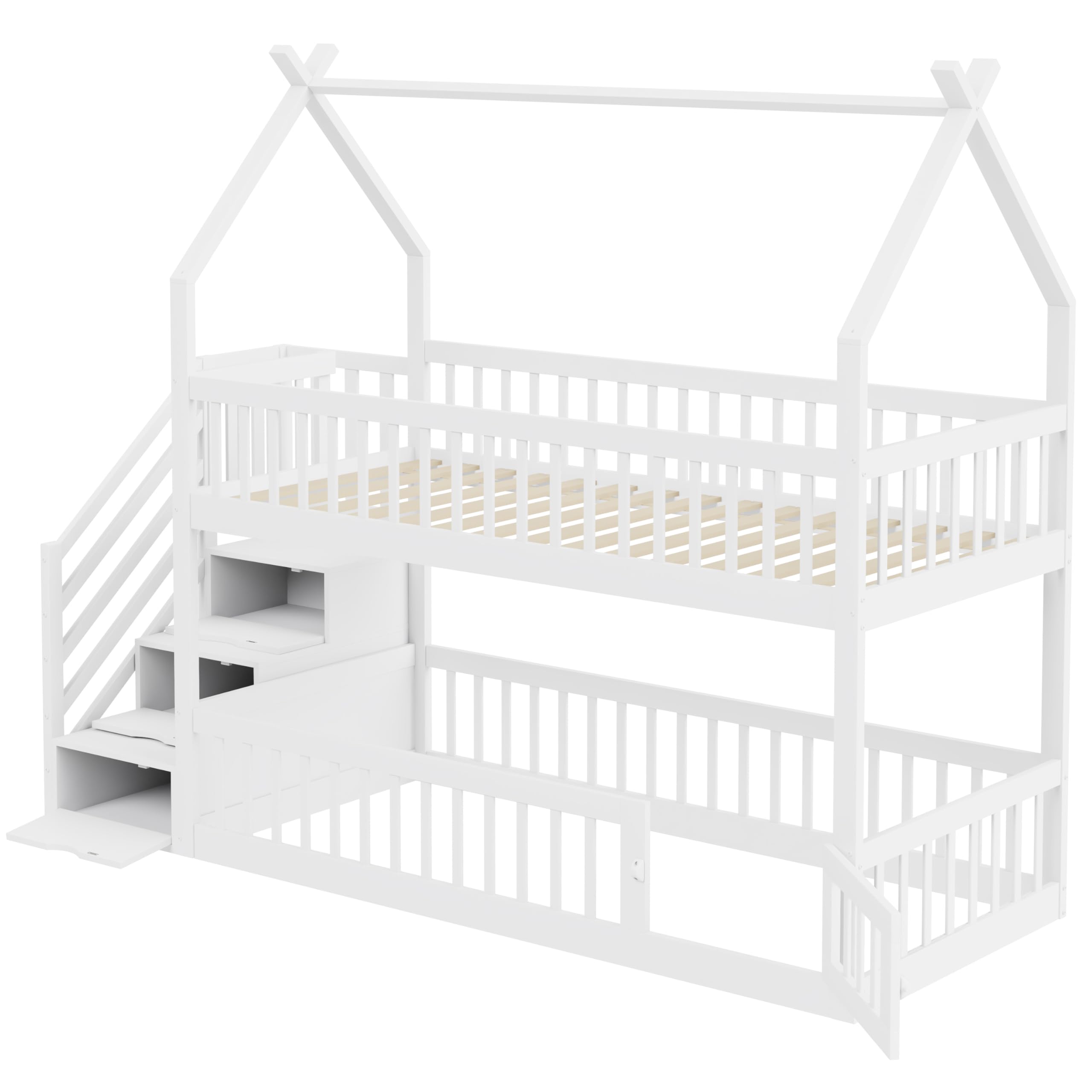 Etagenbett Kinderbett 90x200 cm mit Treppe und Stauraum, Hochbett Hausbett mit Rausfallschutz und Armlehne, Holzbett Bettgestell mit Lattenrost (Nur das obere Bett), Weiß, Ohne Matratze