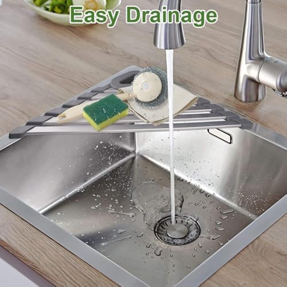 Scolapiatti compatto triangolare sopra il lavandino, scolapiatti pieghevole da cucina con robusto telaio in alluminio, tappetino in silicone antiscivolo per asciugatura rapida, salvaspazio