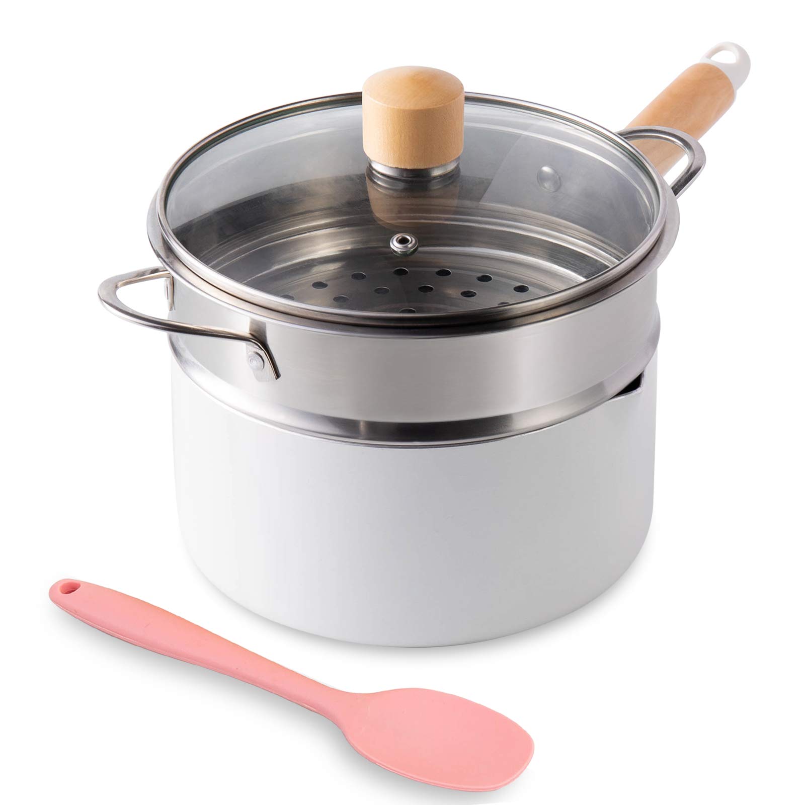 Saucepan with Steamer, ROCKURWOK Nonstick Sauce Pan Small Pot with Lid, Solid Wood Handle, 2.5 Quart, White