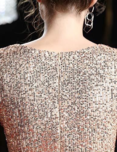 Women's Full Sequins Long Sleeves Split V Neck Maxi Gown Wedding Prome Dress (L, Beige) #TOP14