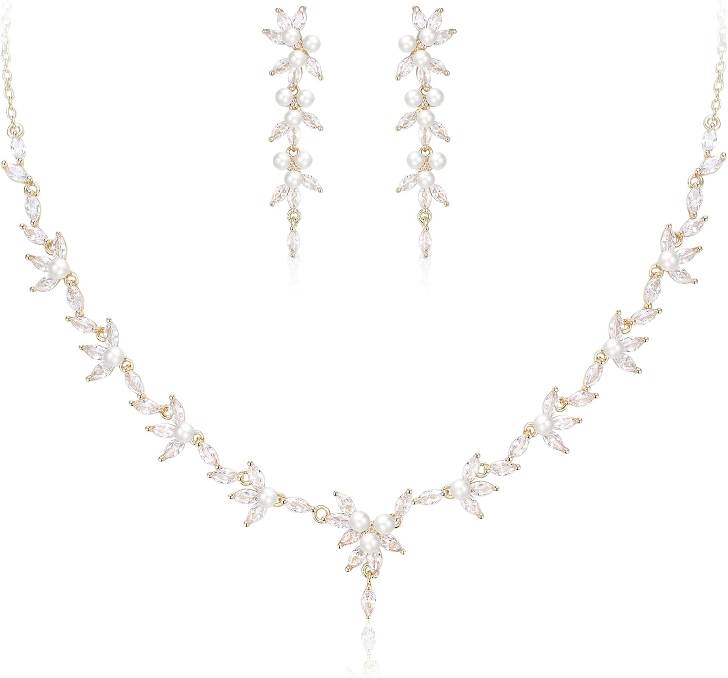 EVER FAITH Bridal Jewelry Set for Bride Bridesmaid, Marquise Cubic Zirconia Faux Pearl Cluster Party Prom Necklace Dangle Earrings for Women