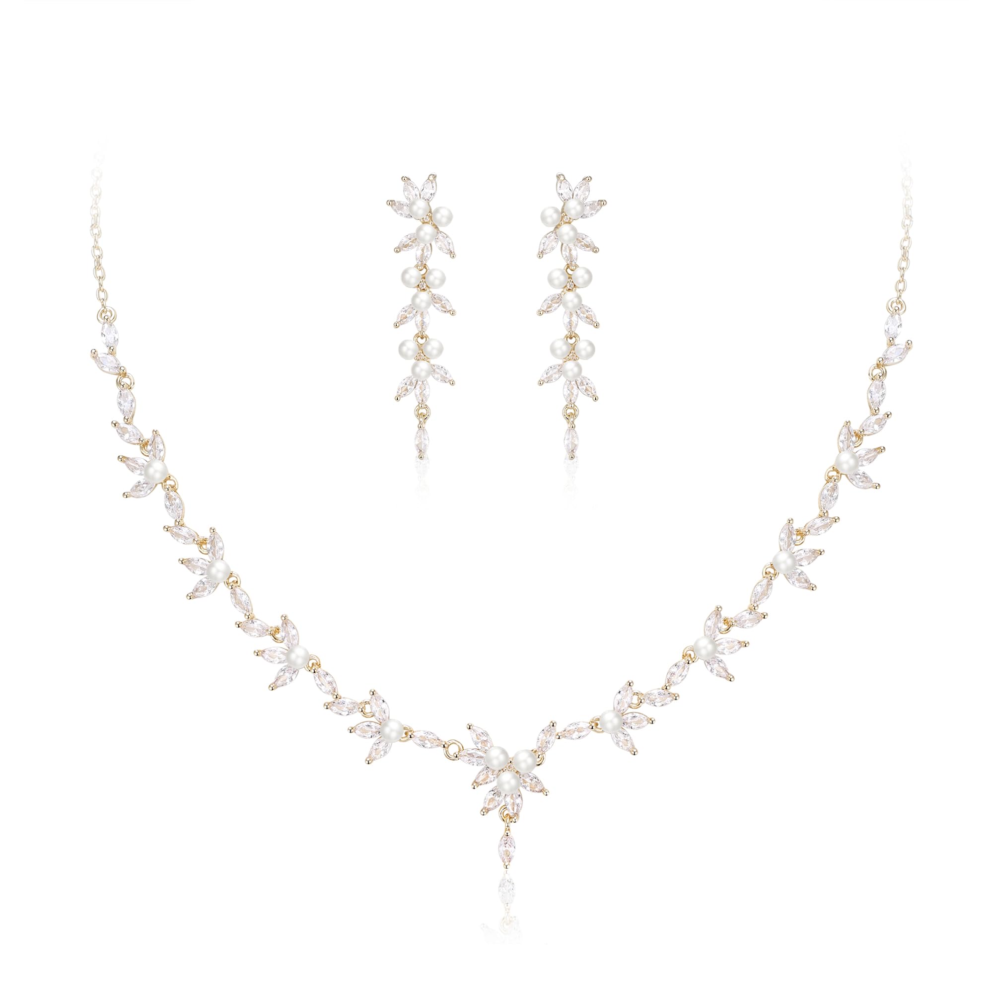 White Faux Pearl Leaf Vine Bridal Cubic Zirconia Jewelry Set for Women