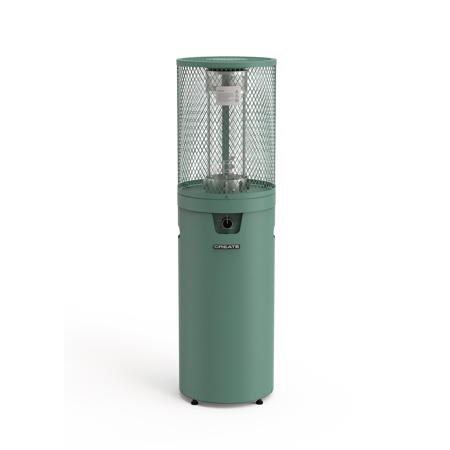CREATE/​FIRE ROUND HEATER/​Chauffage à gaz vert sauge pour terrasses et extérieurs/​Allumage électrique, flamme réglable, sécurité, usage extérieur, matériaux résistants, 8 kW