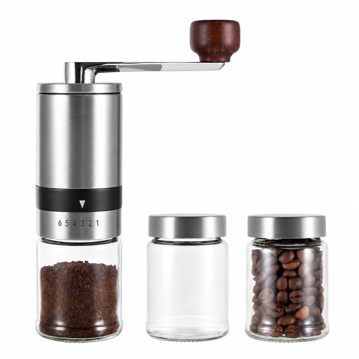 Molinillo de café manual plateado con 2 recipientes de cristal | Molinillo de cerámica de acero inoxidable para café expreso, café de filtro, prensa francesa, camping