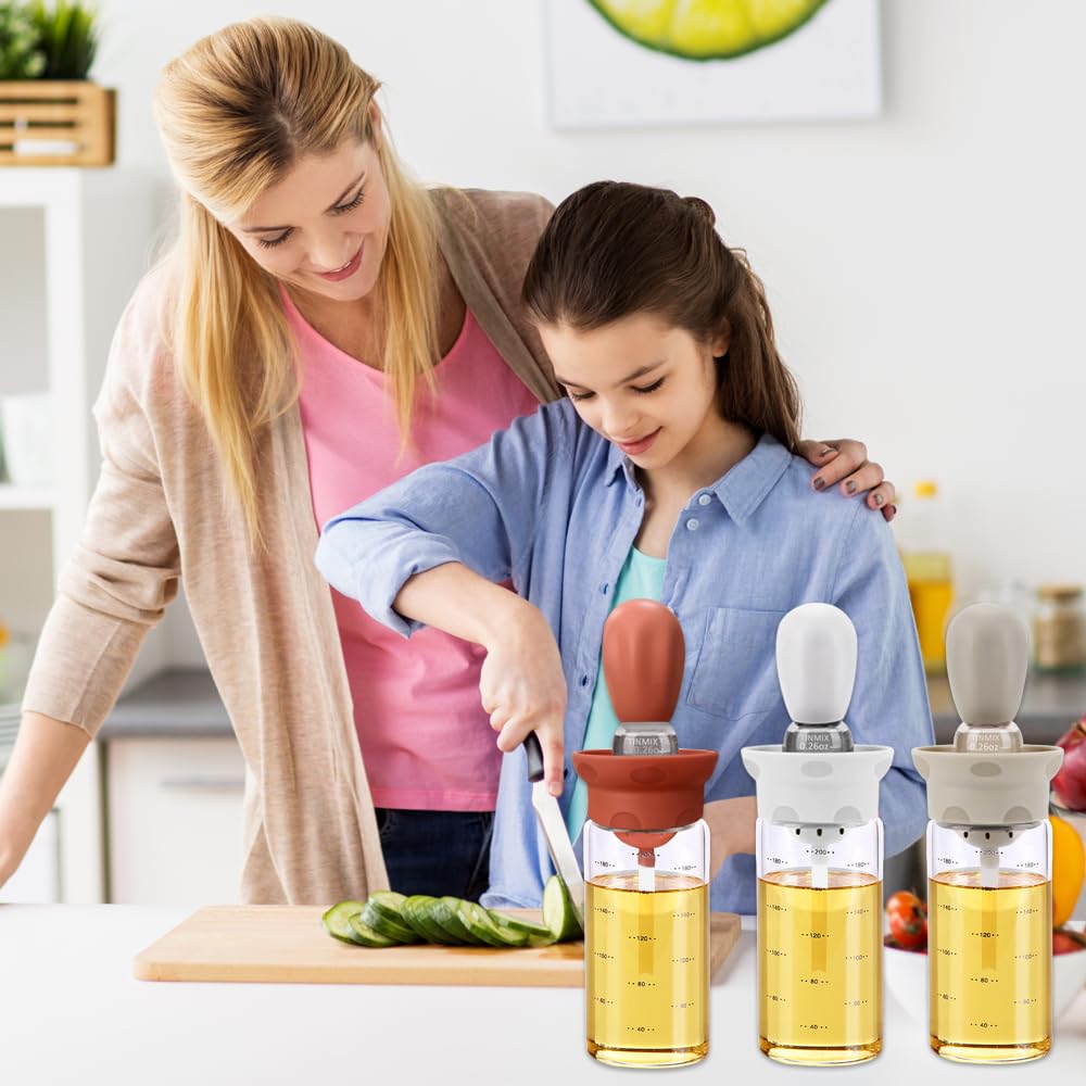 TINMIX Lot de 2 distributeurs d'huile avec pinceau à pâtisserie - Bouteille d'huile d'olive avec pinceau en silicone pour pâtisserie, cuisine, sauce, barbecue, barbecue, rôti, blanc et gris