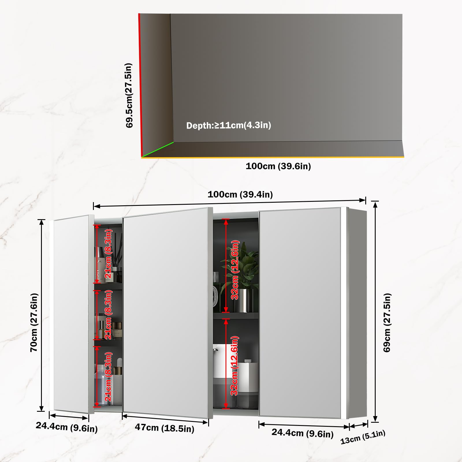 szafka z lustrem do łazienki z oświetleniem, 100x70x13 cm, szafka z lustrem do łazienki, lustro łazienkowe z oświetleniem LED, szafka łazienkowa z 3 drzwiami, możliwość regulacji jasności