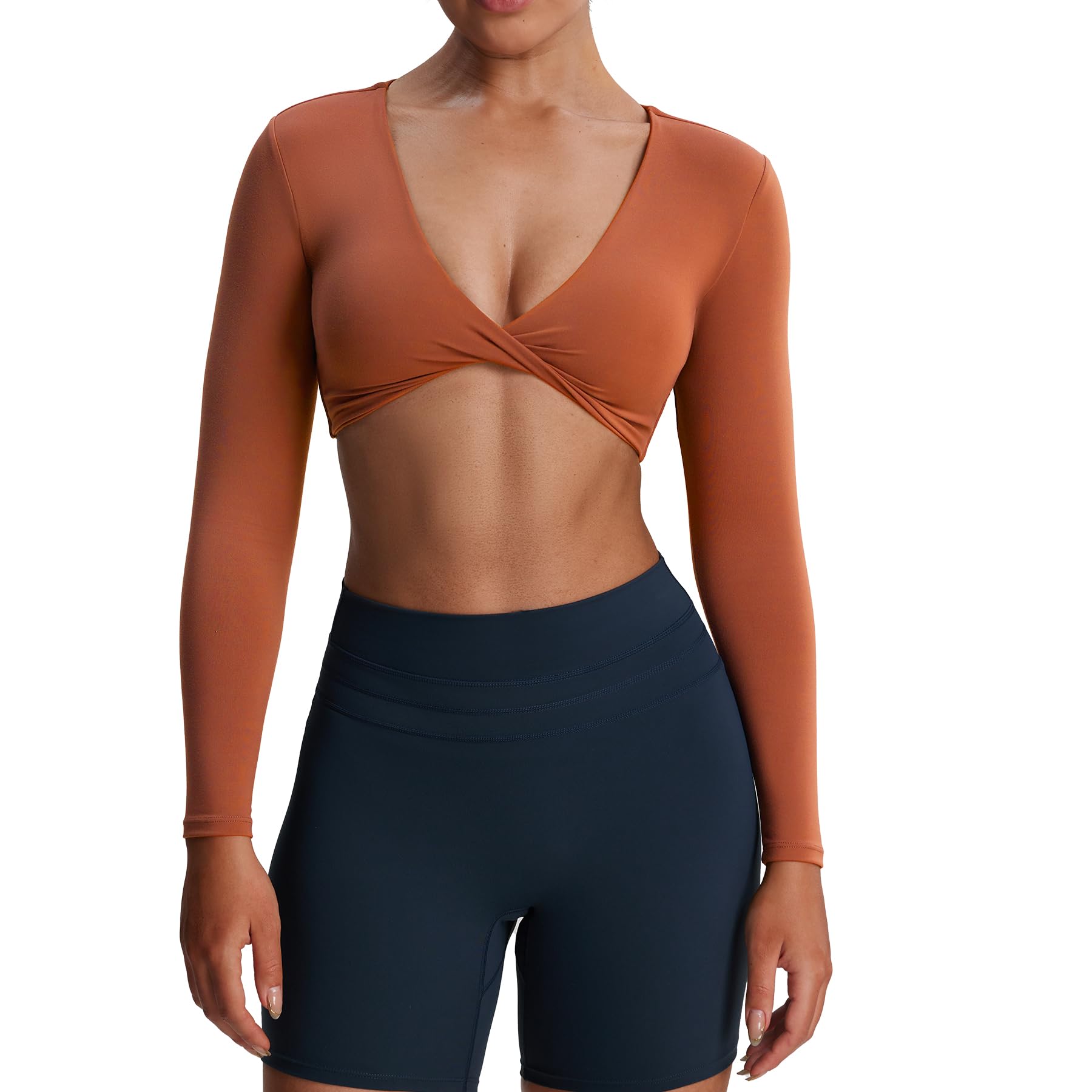 Aoxjox Long Sleeve Crop Tops for Women Metamorph Sienna Twist Deep V Workout Cropped T Shirt Top