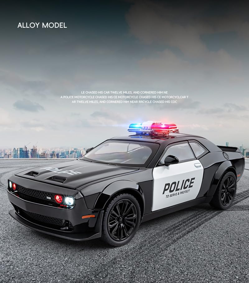 Image of Dodge Challenger Police 1:24 Diecast Metal Car - Openable Doors, Sound&Light, Pull Back Action,Collectible Toy Car for Kids - Durable & Realistic Model Collectors Police, Black