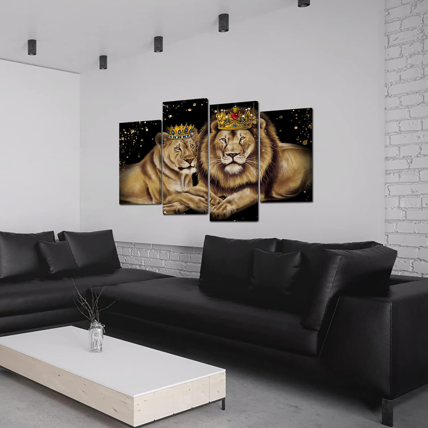 RnnJoile Lion Paintings Wall Art Lion and Lioness with Crown Canvas Pictures Framed Modern King Animal Artwork for Contemporary Home Office Wall Decor 4 Pieces Ready to Hang