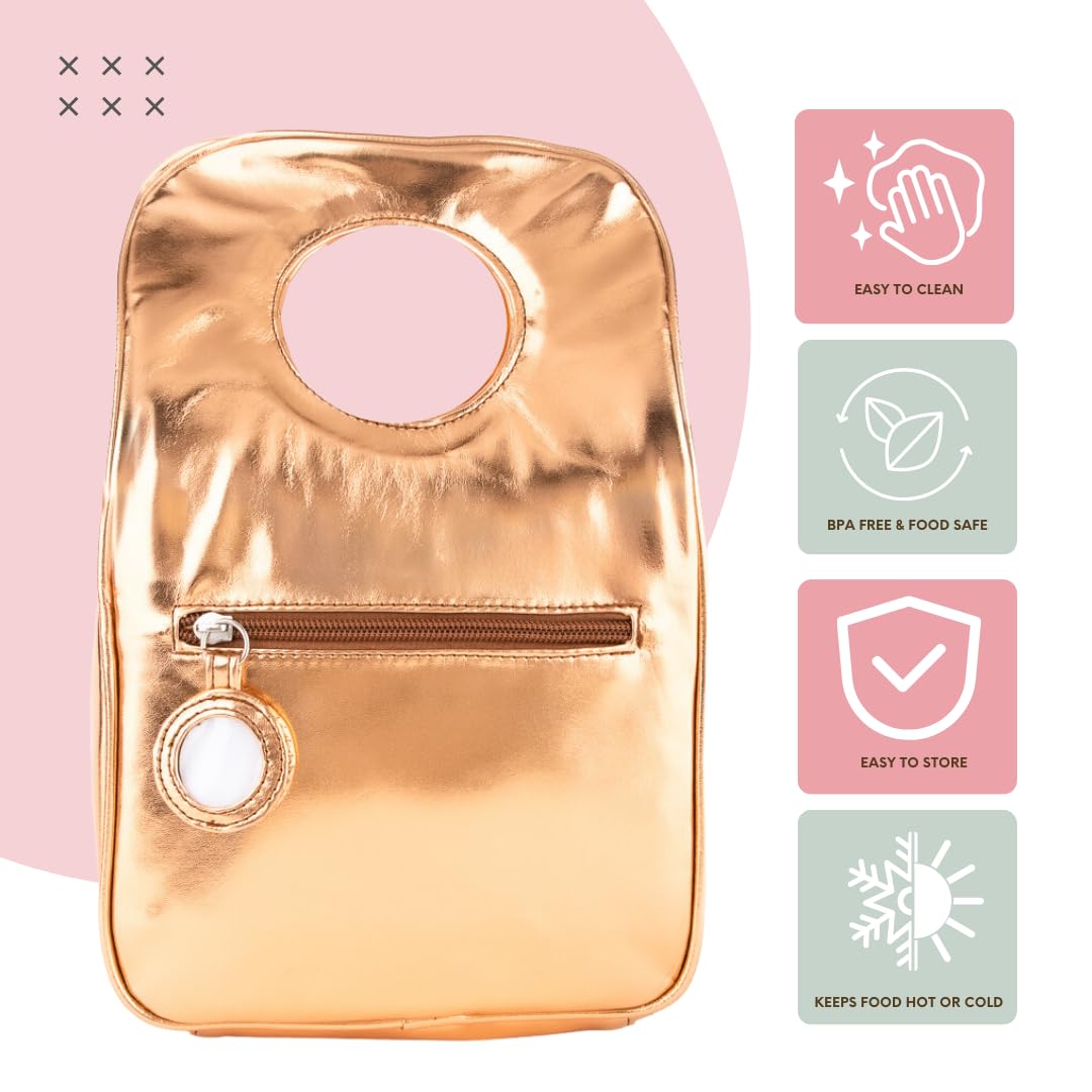 Milkdot Designer Insulated Lunch Bag, Gold, Reusable Cooler Tote for Food & Drinks, Perfect for Women, Men, Boys, Girls, Stylish for kids ages 3+ (Gold)