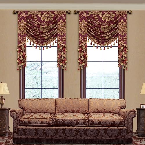 TOPLUXE Swag Valance for Windows Damask Waterfall Valance with Tassels