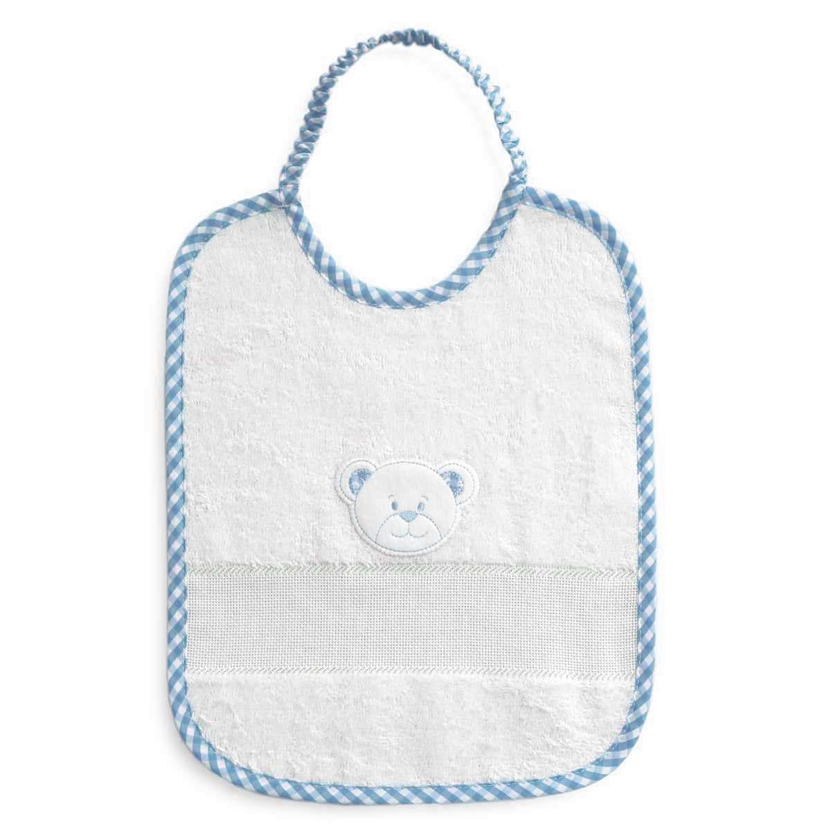 Set asilo da ricamare a punto croce, tre pezzi, sacchetto salvietta e bavaglia, Coordinato asilo in spugna bianca con tela aida, punto croce, fantasia quadretto con viso di orsetto (274 Azzurro)