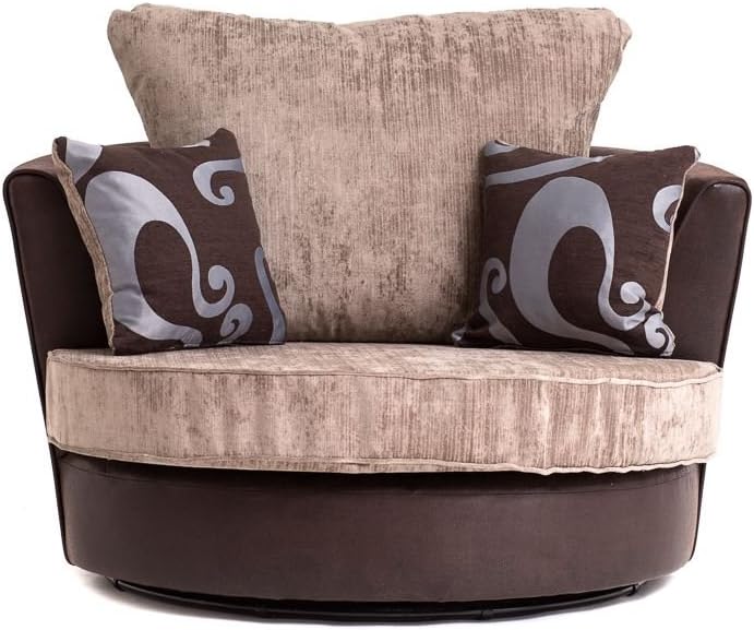 Abakus Direct NEW FARROW LEATHER & CHENILLE FABRIC CORNER SOFA IN BROWN & BEIGE (Swivel Chair)